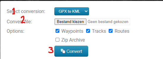 Het menu van GPX2KML